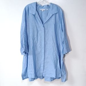 Foxcroft nyc 100% Linen 3/4 Sleeve Button Down Tunic top in Blue Size 16W
